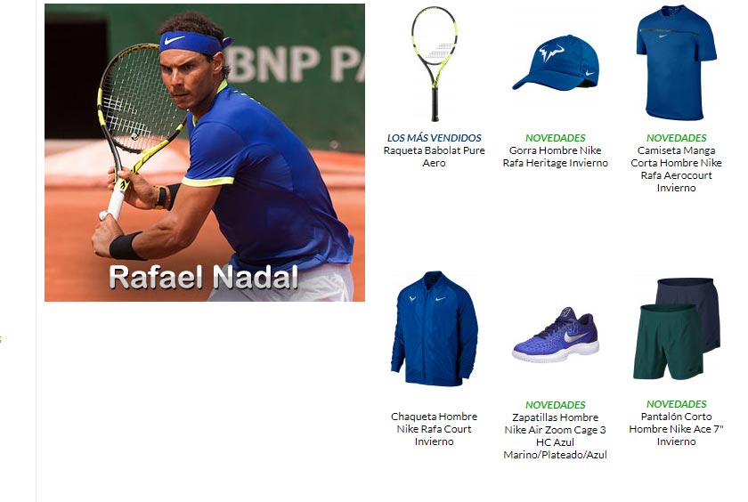 Seccin de TWE dedicada a Rafa Nadal, con la equipacin que lleva en cada torneo (C) TWE