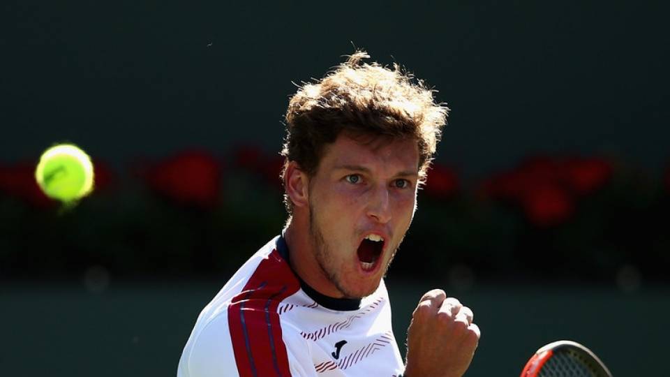 Pablo Carreo celebrando su victoria en los cuartos de Indian Wells vs Pablo Cuevas