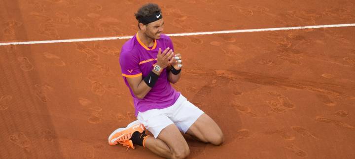 Rafa Nadal celebrando el match point en la final del Mutua Madrid Open, portando la misma camiseta con la que gan en Barcelona y Montecarlo (C) Denis Doyle/Getty Images Europe