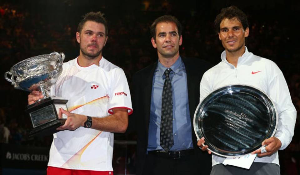 Wawrinka, Sampras y Nadal durante la entrega de trofeos del Abierto de Australia 2014