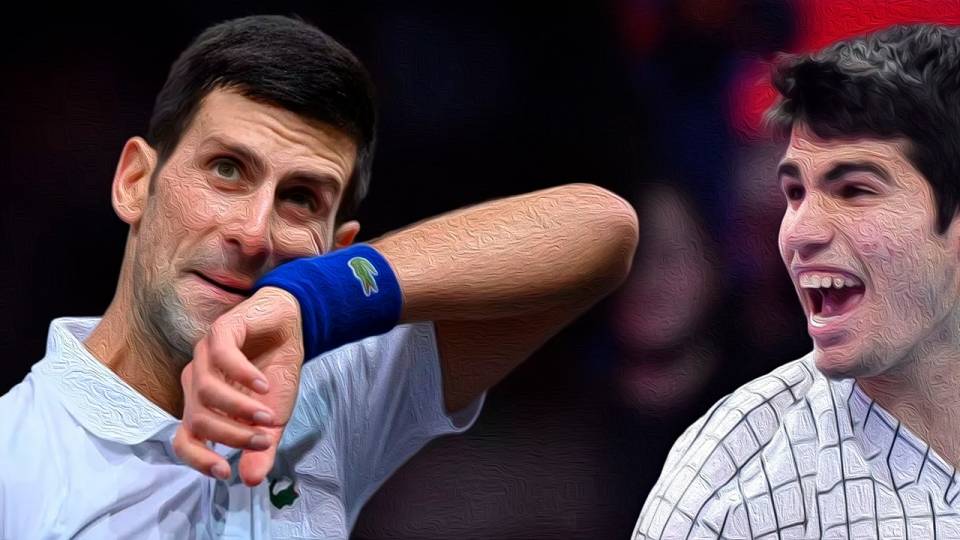 Novak Djokovic y Carlos Alcaraz celebrando sendas victorias